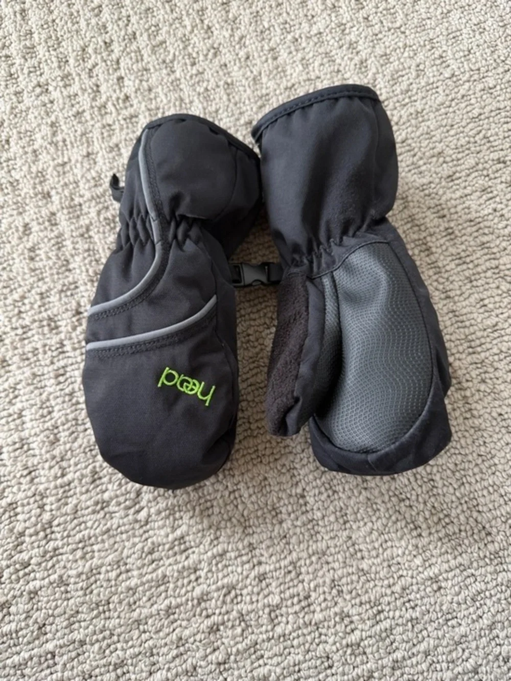 Head Black Kids Mittens with Green Logo